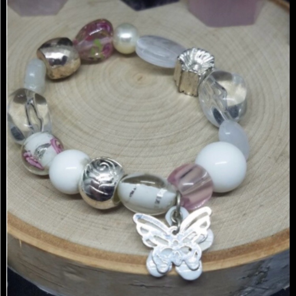 BEADED “ROMANCE” STRETCH CHARM BRACELET WITH LAMP WORK GLASS